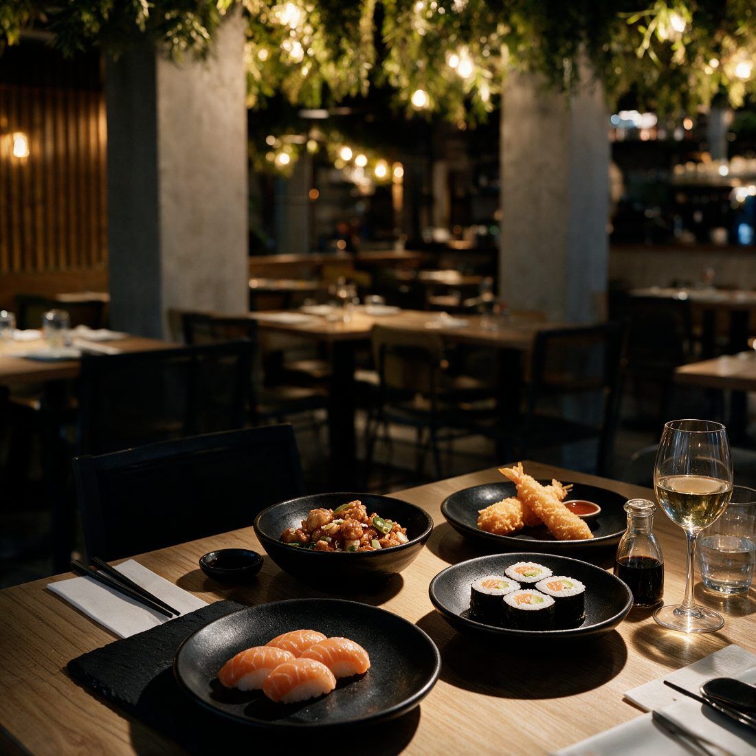 Nigiris, makis y tempura en una mesa de HANAKI
